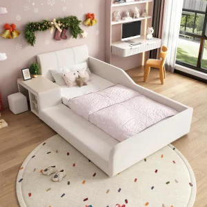 Gestoffeerd eenpersoonsbed voor kinderen – 90 x 200 cm – met bureau en kruk + plank + gewatteerd hoofdeinde – fluweel – wit Gestoffeerd eenpersoonsbed voor kinderen – 90 x 200 cm – met bureau en kruk + plank + gewatteerd hoofdeinde – fluweel – wit