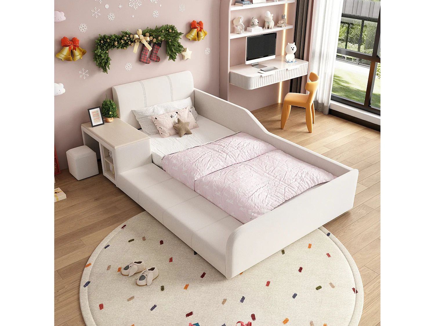 Gestoffeerd eenpersoonsbed voor kinderen - 90 x 200 cm - met bureau en kruk + plank + gewatteerd hoofdeinde - fluweel - wit