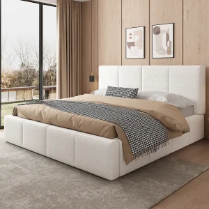 Gestoffeerd tweepersoonsbed – 180 x 200 cm – met lattenbodem + hoofdbord – gesp – beige Gestoffeerd tweepersoonsbed – 180 x 200 cm – met lattenbodem + hoofdbord – gesp – beige