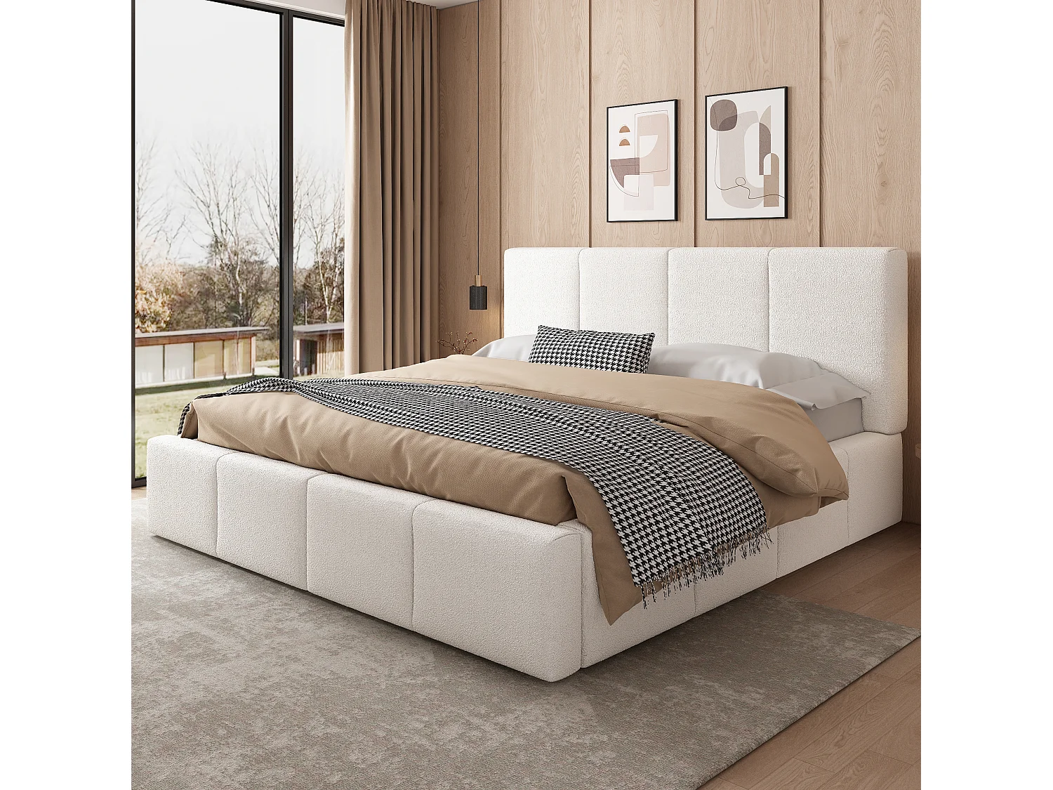 Gestoffeerd tweepersoonsbed - 180 x 200 cm - met lattenbodem + hoofdbord - gesp - beige