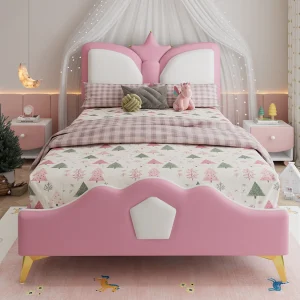 Gestoffeerd eenpersoonsbed voor kinderen – 90 x 200 cm – kroonvormig hoofdeinde – PU + ijzer + schuim – roze + wit Gestoffeerd eenpersoonsbed voor kinderen – 90 x 200 cm – kroonvormig hoofdeinde – PU + ijzer + schuim – roze + wit