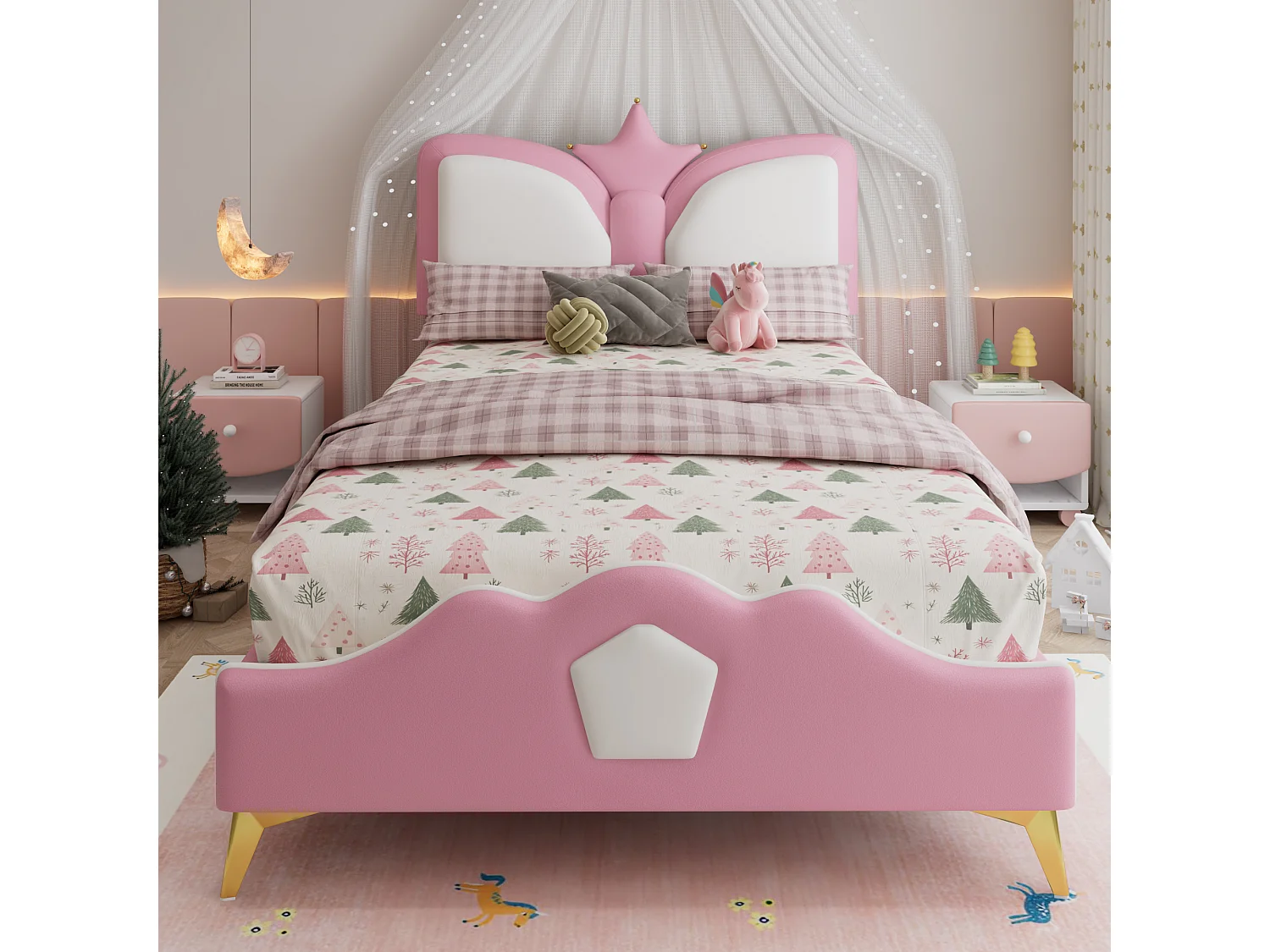 Gestoffeerd eenpersoonsbed voor kinderen - 90 x 200 cm - kroonvormig hoofdeinde - PU + ijzer + schuim - roze + wit