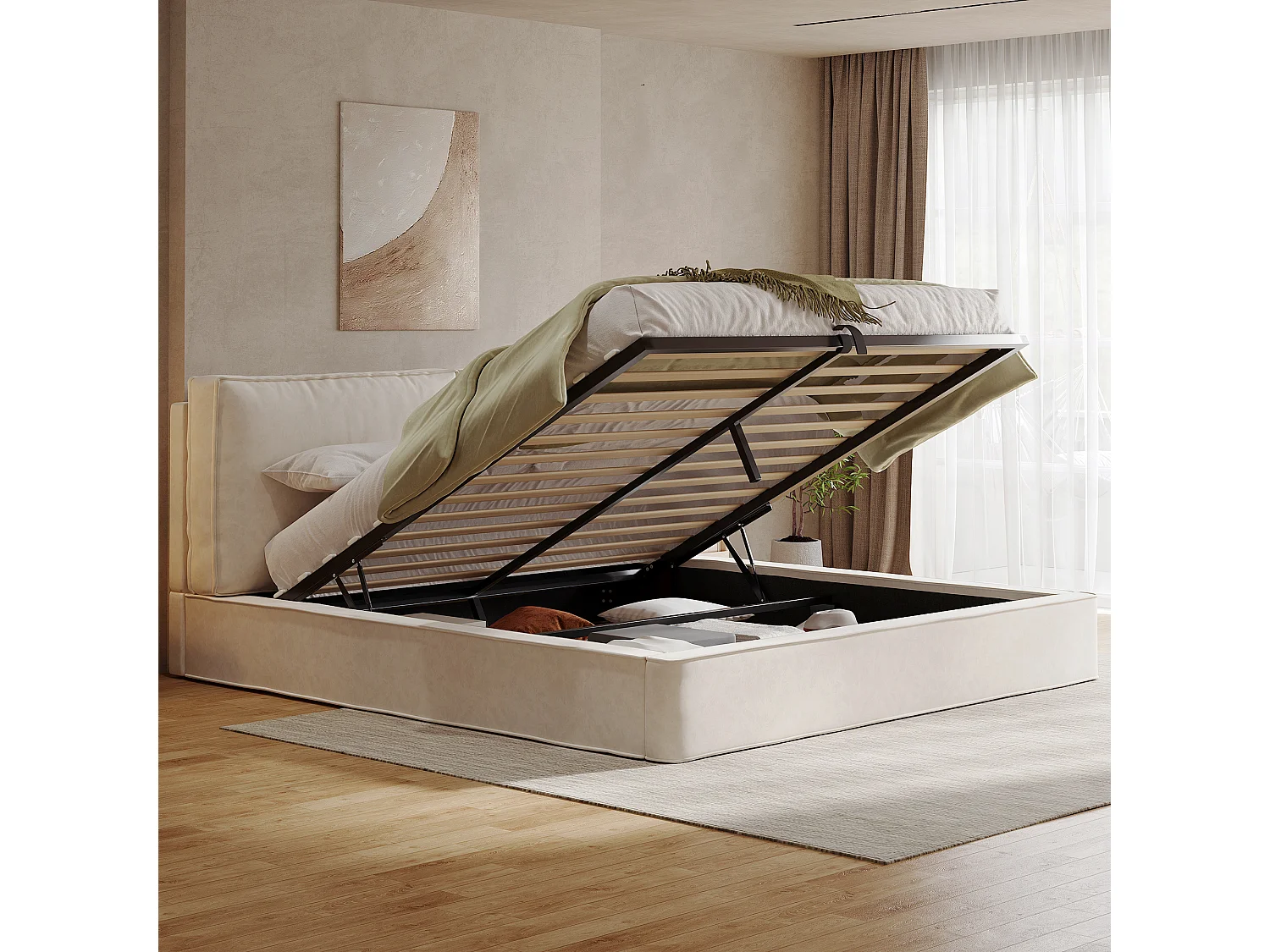 Gestoffeerd tweepersoonsbed met opbergruimte - 180 x 200 cm - hydraulische opberging - met lattenbodem en hoofdbord - fluweel - beige