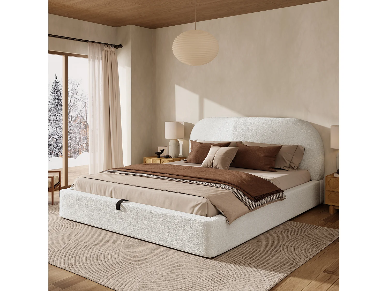 Gestoffeerd tweepersoonsbed met opbergruimte - 180 x 200 cm - hydraulische opberging - met lattenbodem + hoofdbord - gesp - beige