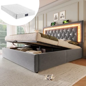 Gestoffeerd tweepersoonsbed met opbergruimte – 160 x 200 cm – hoofdeinde met LED's + USB en Type-C – hydraulische opbergruimte – fluweel – grijs (met matras) Gestoffeerd tweepersoonsbed met opbergruimte – 160 x 200 cm – hoofdeinde met LED's + USB en Type-C – hydraulische opbergruimte – fluweel – grijs (met matras)