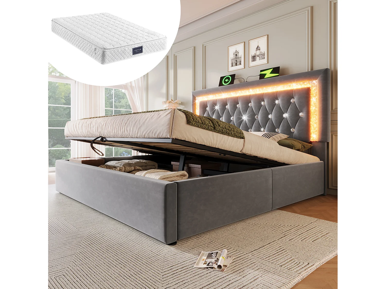 Gestoffeerd tweepersoonsbed met opbergruimte - 140 x 200 cm - hoofdeinde met LED's + USB en Type-C - hydraulische opbergruimte - fluweel - grijs (met matras)