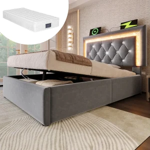 Gestoffeerd eenpersoonsbed met opbergruimte – 90 x 200 cm – hoofdeinde met LED's + USB en Type-C – hydraulische opbergruimte – fluweel – grijs (met matras) Gestoffeerd eenpersoonsbed met opbergruimte – 90 x 200 cm – hoofdeinde met LED's + USB en Type-C – hydraulische opbergruimte – fluweel – grijs (met matras)
