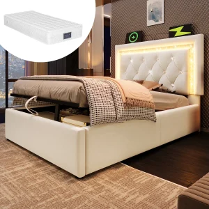 Gestoffeerd eenpersoonsbed met opbergruimte – 90 x 200 cm – hoofdeinde met LED's + USB- en Type-C-poorten – hydraulische opbergruimte – fluweel – beige (met matras) Gestoffeerd eenpersoonsbed met opbergruimte – 90 x 200 cm – hoofdeinde met LED's + USB- en Type-C-poorten – hydraulische opbergruimte – fluweel – beige (met matras)