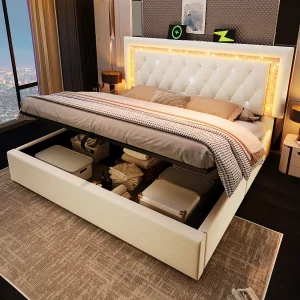 Gestoffeerd tweepersoonsbed met opbergruimte – 180 x 200 cm – hoofdeinde met LED's + USB- en Type-C-poorten – hydraulische opbergruimte – fluweel – beige Gestoffeerd tweepersoonsbed met opbergruimte – 180 x 200 cm – hoofdeinde met LED's + USB- en Type-C-poorten – hydraulische opbergruimte – fluweel – beige