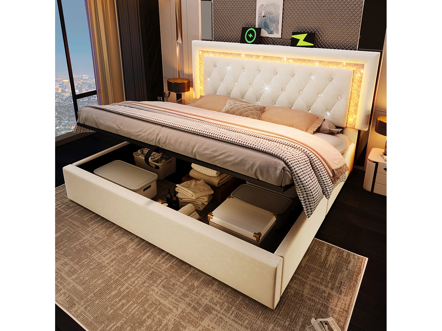 Gestoffeerd tweepersoonsbed met opbergruimte - 180 x 200 cm - hoofdeinde met LED's + USB- en Type-C-poorten - hydraulische opbergruimte - fluweel - beige