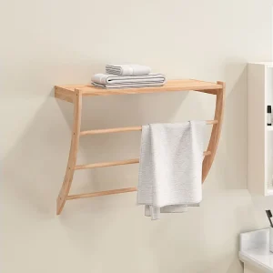 Handdoekhouder van massief notenhout 60×25,5×49 cm met 3 stangen en plank, geoliede afwerking, rustiek gebogen design Handdoekhouder van massief notenhout 60×25,5×49 cm met 3 stangen en plank, geoliede afwerking, rustiek gebogen design