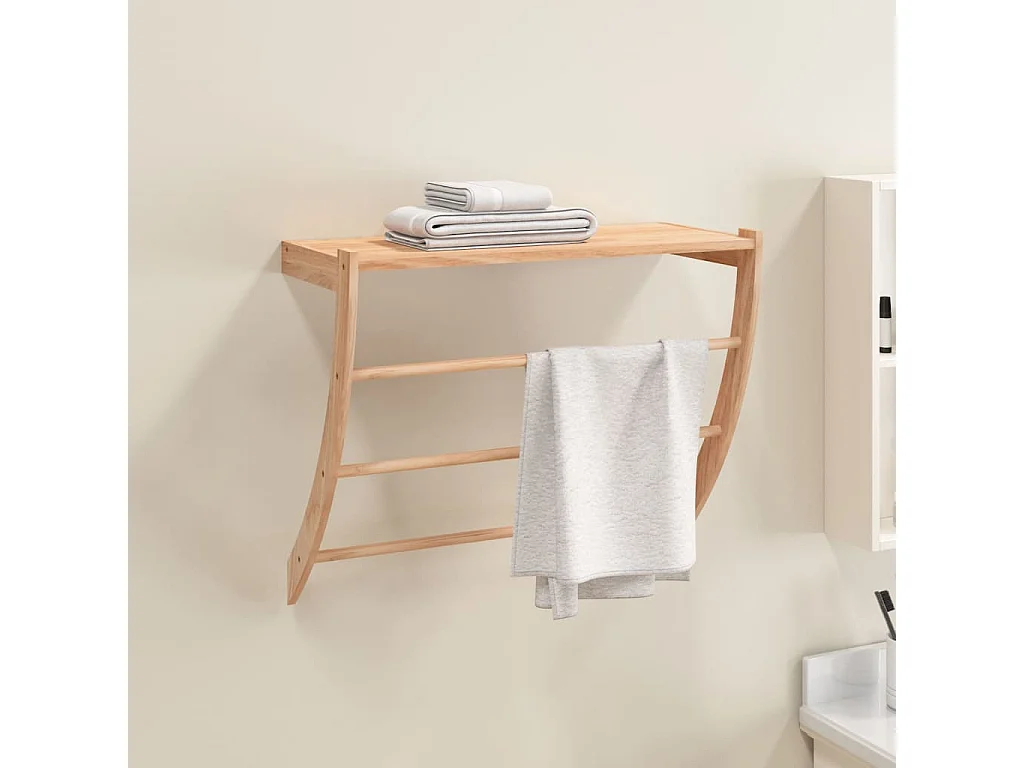 Handdoekhouder van massief notenhout 60x25,5x49 cm met 3 stangen en plank, geoliede afwerking, rustiek gebogen design
