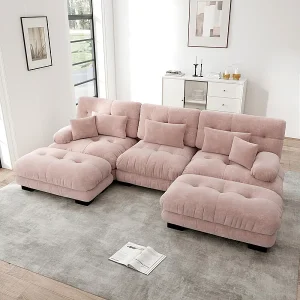 Grote modulaire hoekbank – 3-zits – met 2 poufs en 5 kussens – chenille stof roze – 313x145x81cm Grote modulaire hoekbank – 3-zits – met 2 poufs en 5 kussens – chenille stof roze – 313x145x81cm