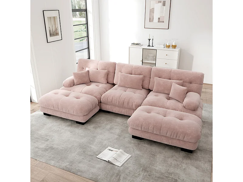 Grote modulaire hoekbank - 3-zits - met 2 poufs en 5 kussens - chenille stof roze - 313x145x81cm