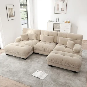 Grote modulaire hoekbank – 3-zits – met 2 poufs en 5 kussens – chenille stof beige – 313x145x81cm Grote modulaire hoekbank – 3-zits – met 2 poufs en 5 kussens – chenille stof beige – 313x145x81cm