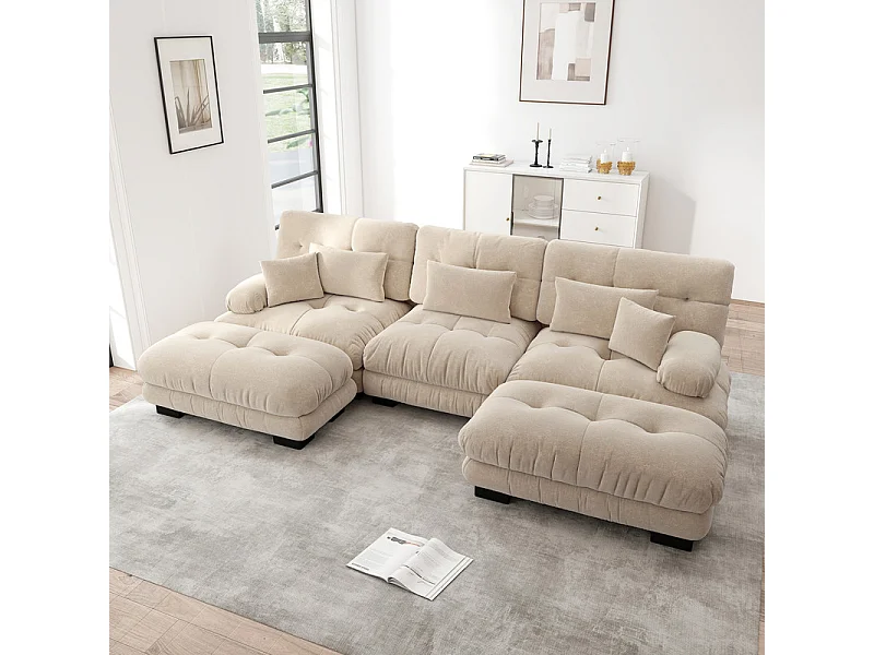 Grote modulaire hoekbank - 3-zits - met 2 poufs en 5 kussens - chenille stof beige - 313x145x81cm