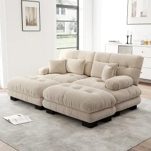 Hoekbank 2-zits + 2 poufs – met 4 kussens – chenille stof beige – 220x145x81cm Hoekbank 2-zits + 2 poufs – met 4 kussens – chenille stof beige – 220x145x81cm