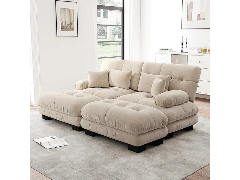 Hoekbank 2-zits + 2 poufs - met 4 kussens - chenille stof beige - 220x145x81cm