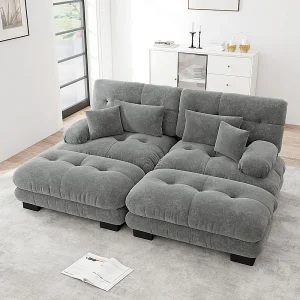 Hoekbank 2-zits + 2 poufs – met 4 kussens – chenille stof grijs – 220x145x81cm Hoekbank 2-zits + 2 poufs – met 4 kussens – chenille stof grijs – 220x145x81cm