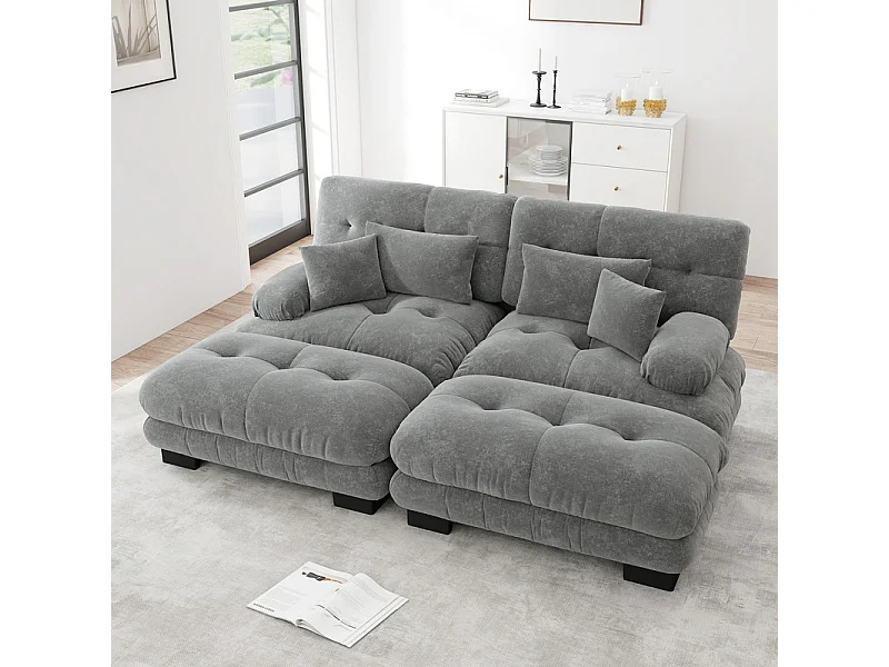Hoekbank 2-zits + 2 poufs - met 4 kussens - chenille stof grijs - 220x145x81cm