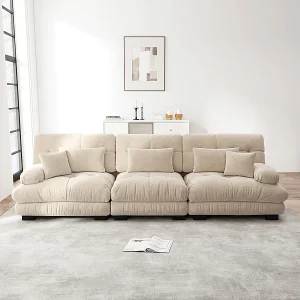 Grote bank beige – 3-zits – met 5 kussens – massief houten frame – Chenille – 313x77x81cm Grote bank beige – 3-zits – met 5 kussens – massief houten frame – Chenille – 313x77x81cm