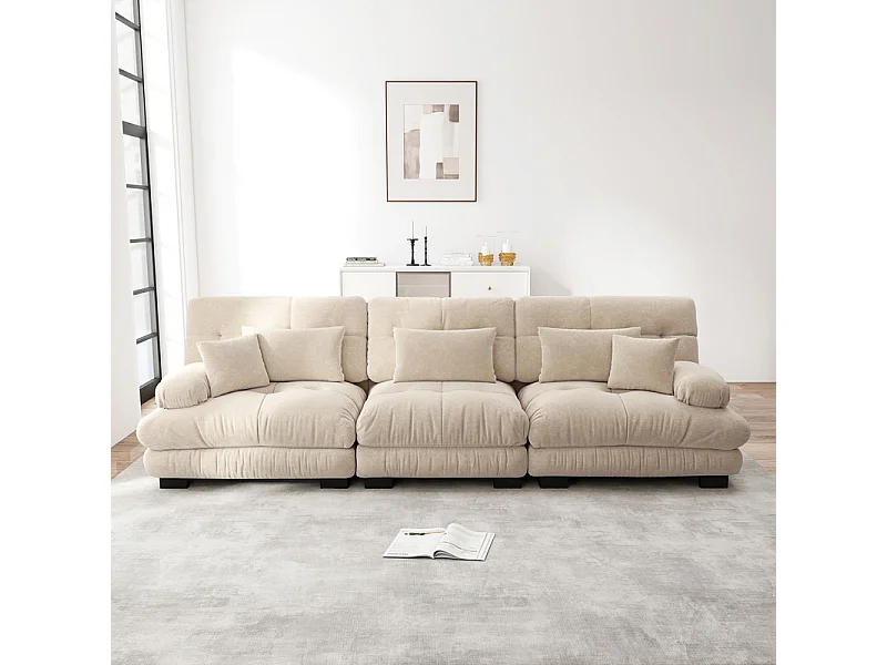 Grote bank beige - 3-zits - met 5 kussens - massief houten frame - Chenille - 313x77x81cm