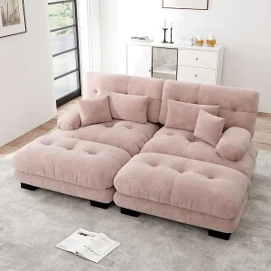 Hoekbank 2-zits + 2 poufs – met 4 kussens – chenille stof roze – 220x145x81cm Hoekbank 2-zits + 2 poufs – met 4 kussens – chenille stof roze – 220x145x81cm