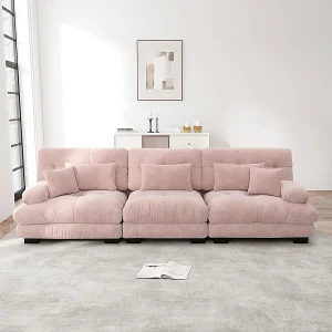 Grote bank roze – 3-zits – met 5 kussens – massief houten frame – Chenille – 313x77x81cm Grote bank roze – 3-zits – met 5 kussens – massief houten frame – Chenille – 313x77x81cm