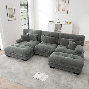 Grote modulaire hoekbank – 3-zits – met 2 poufs en 5 kussens – chenille stof grijs – 313x145x81cm Grote modulaire hoekbank – 3-zits – met 2 poufs en 5 kussens – chenille stof grijs – 313x145x81cm