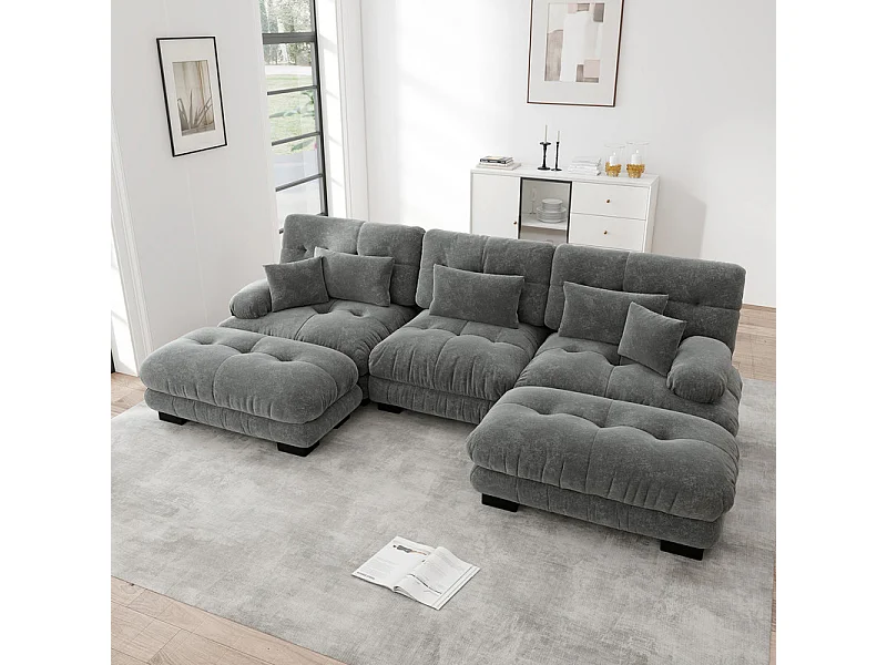 Grote modulaire hoekbank - 3-zits - met 2 poufs en 5 kussens - chenille stof grijs - 313x145x81cm