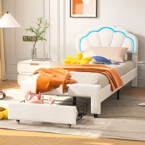 Gestoffeerd eenpersoonsbed 90×200 cm in fluweel met geïntegreerde lades en ledstrip – Wit