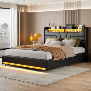 Gestoffeerd bed 140×200 cm met USB en stopcontacten, kinderbed met lattenbodem en opbergruimte, LED-opbergbed, zwart kunstleer Gestoffeerd bed 140×200 cm met USB en stopcontacten, kinderbed met lattenbodem en opbergruimte, LED-opbergbed, zwart kunstleer