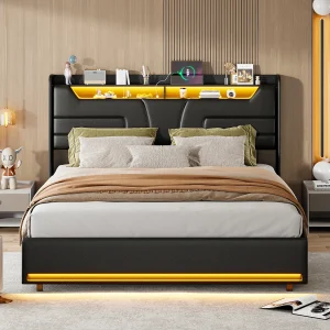 Gestoffeerd bed 160×200 cm met USB en stopcontacten, kinderbed met lattenbodem en opbergruimte, LED-opbergbed, zwart kunstleer Gestoffeerd bed 160×200 cm met USB en stopcontacten, kinderbed met lattenbodem en opbergruimte, LED-opbergbed, zwart kunstleer