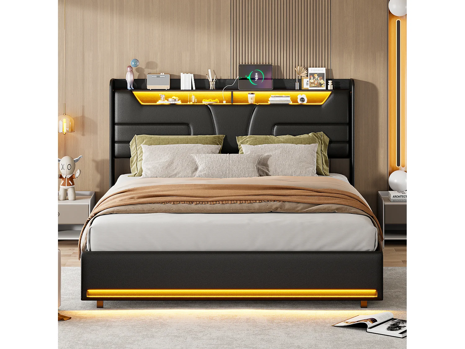Gestoffeerd bed 160×200 cm met USB en stopcontacten, kinderbed met lattenbodem en opbergruimte, LED-opbergbed, zwart kunstleer