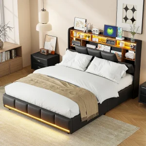 Gestoffeerd bed 140×200 cm met USB en stopcontacten, kinderbed met lattenbodem en opbergruimte, LED-opbergbed, zwart kunstleer Gestoffeerd bed 140×200 cm met USB en stopcontacten, kinderbed met lattenbodem en opbergruimte, LED-opbergbed, zwart kunstleer