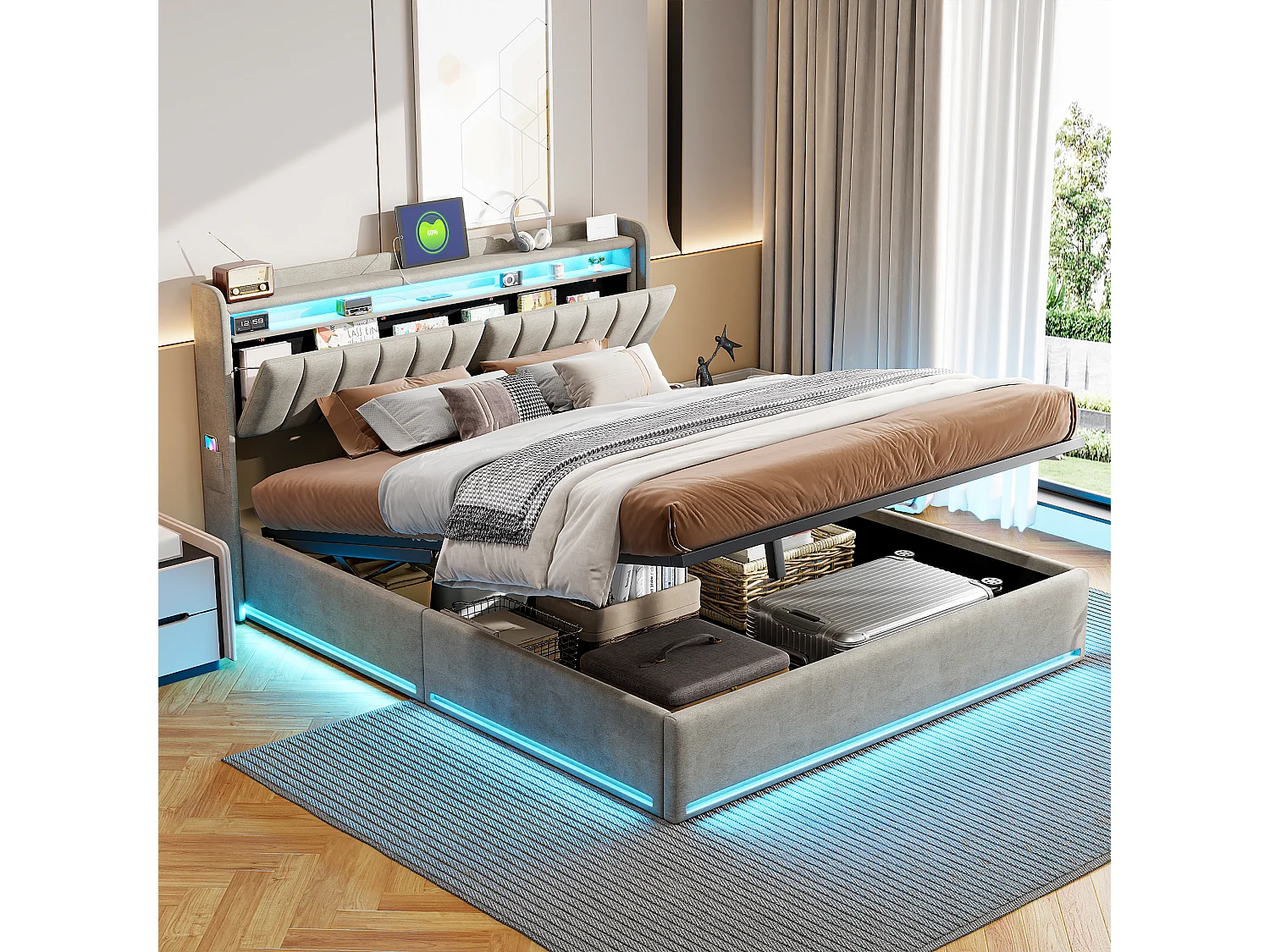 Gestoffeerd bed 140×200 cm met USB-oplader, LED-opbergbed en hoofdbord met opbergruimte, hydraulische lattenbodem – Tweepersoonsbed voor jongeren