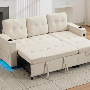 Hoekbank 3-zits 208x146x89,5 cm – Opvouwbaar – met LED-verlichting – met drinkhouder en opbergzak – Beige Hoekbank 3-zits 208x146x89,5 cm – Opvouwbaar – met LED-verlichting – met drinkhouder en opbergzak – Beige