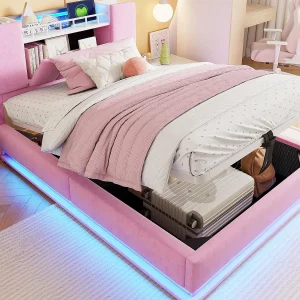 Gestoffeerd opbergbed 90×200 cm – met LED-verlichting – met USB-poort – fluweel – roze (matras niet inbegrepen) Gestoffeerd opbergbed 90×200 cm – met LED-verlichting – met USB-poort – fluweel – roze (matras niet inbegrepen)