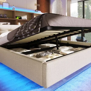 Gestoffeerd opbergbed 140×200 cm – met LED-verlichting – uitgerust met USB + Type-C-aansluiting – linnen stof – beige (matras niet inbegrepen) Gestoffeerd opbergbed 140×200 cm – met LED-verlichting – uitgerust met USB + Type-C-aansluiting – linnen stof – beige (matras niet inbegrepen)