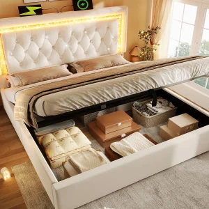 Gestoffeerd opbergbed 180x200cm van fluweel – met LED-verlichting – met USB- en Type-C-poorten – met lattenbodem – Beige (zonder matras) Gestoffeerd opbergbed 180x200cm van fluweel – met LED-verlichting – met USB- en Type-C-poorten – met lattenbodem – Beige (zonder matras)