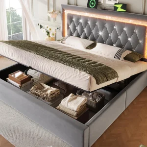 Gestoffeerd opbergbed 160x200cm van fluweel – met LED-verlichting – met USB- en Type-C-poorten – met lattenbodem – Grijs (zonder matras) Gestoffeerd opbergbed 160x200cm van fluweel – met LED-verlichting – met USB- en Type-C-poorten – met lattenbodem – Grijs (zonder matras)