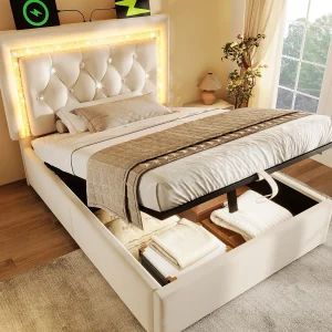 Gestoffeerd opbergbed 90x200cm van fluweel – met LED-verlichting – met USB- en Type-C-poorten – met lattenbodem – Beige (zonder matras) Gestoffeerd opbergbed 90x200cm van fluweel – met LED-verlichting – met USB- en Type-C-poorten – met lattenbodem – Beige (zonder matras)