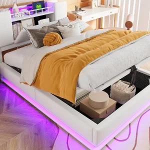 Gestoffeerd opbergbed 90×200 cm – met LED-verlichting – met USB-poort – fluweel – beige (matras niet inbegrepen) Gestoffeerd opbergbed 90×200 cm – met LED-verlichting – met USB-poort – fluweel – beige (matras niet inbegrepen)