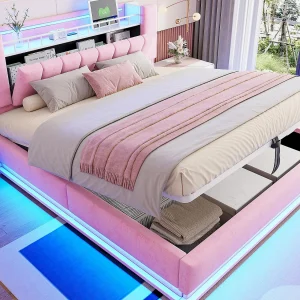 Gestoffeerd opbergbed 180×200 cm – met LED-verlichting – met USB-poort – fluweel – roze (matras niet inbegrepen) Gestoffeerd opbergbed 180×200 cm – met LED-verlichting – met USB-poort – fluweel – roze (matras niet inbegrepen)