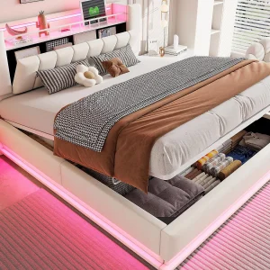 Gestoffeerd opbergbed 180×200 cm – met LED-verlichting – met USB-poort – fluweel – beige (matras niet inbegrepen) Gestoffeerd opbergbed 180×200 cm – met LED-verlichting – met USB-poort – fluweel – beige (matras niet inbegrepen)