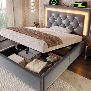 Gestoffeerd opbergbed 90x200cm van fluweel – met LED-verlichting – met USB- en Type-C-poorten – met lattenbodem – Grijs (zonder matras) Gestoffeerd opbergbed 90x200cm van fluweel – met LED-verlichting – met USB- en Type-C-poorten – met lattenbodem – Grijs (zonder matras)