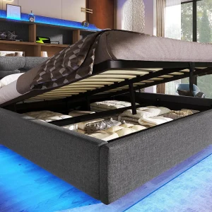 Gestoffeerd opbergbed 140×200 cm – met LED-verlichting – uitgerust met USB + Type-C-aansluiting – linnen stof – grijs (matras niet inbegrepen) Gestoffeerd opbergbed 140×200 cm – met LED-verlichting – uitgerust met USB + Type-C-aansluiting – linnen stof – grijs (matras niet inbegrepen)