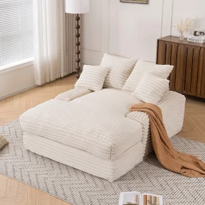Gestoffeerde bank, beige corduroy bank met rugleuning en kussens – voor woonkamer en slaapkamer