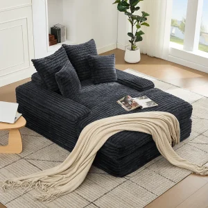 Gestoffeerde bank, grijze corduroy bank met rugleuning en kussens – voor woonkamer en slaapkamer