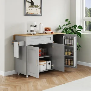 Grijs kookeiland, mobiel kookeiland met uitklapbaar werkblad, 3 deuren en 1 lade – voor keukens en eetkamers Grijs kookeiland, mobiel kookeiland met uitklapbaar werkblad, 3 deuren en 1 lade – voor keukens en eetkamers